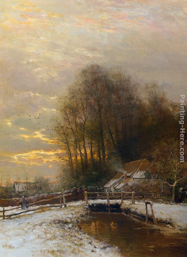 Louis Apol Winter Landscape with Peasant Woman and Child